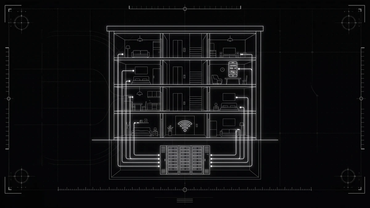 Apartment building with a network rack serving every unit and a resident portal on a phone