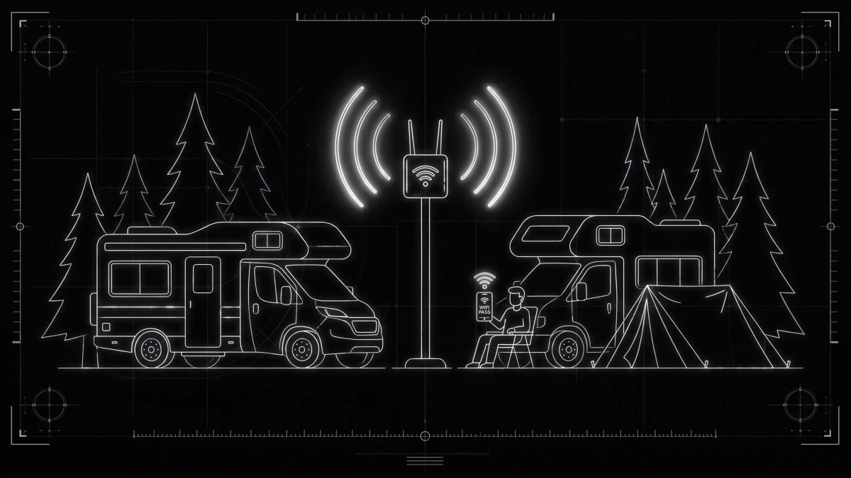 RV park with WiFi access points and a guest buying a WiFi pass on a phone