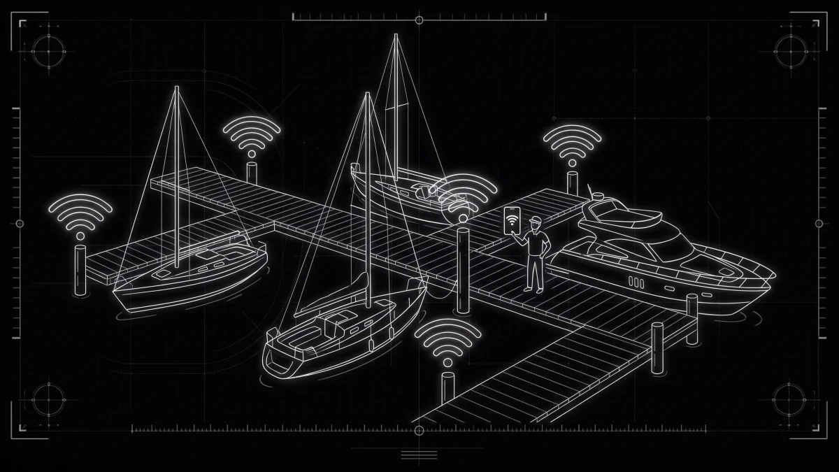 Marina docks with WiFi coverage and boats connected to a guest network