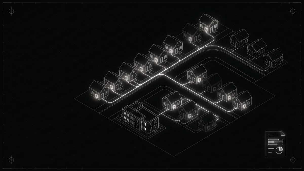 Rows of homes in a community, each with an ONT and a status, connected to one fiber network