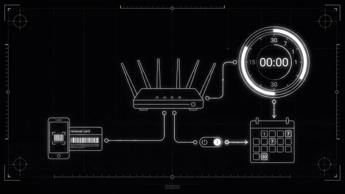 Prepaid internet service with an expiry clock, a renewal payment and the connection switching back on