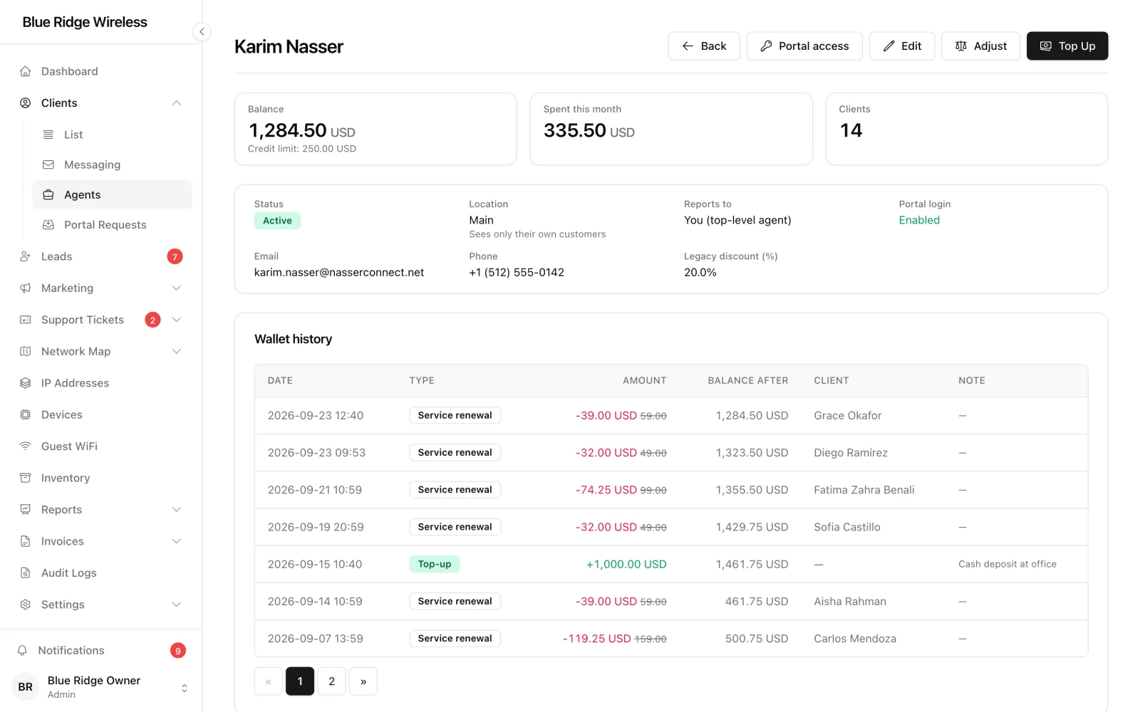 Office view of one agent with wallet balance, monthly numbers, wallet history and customers