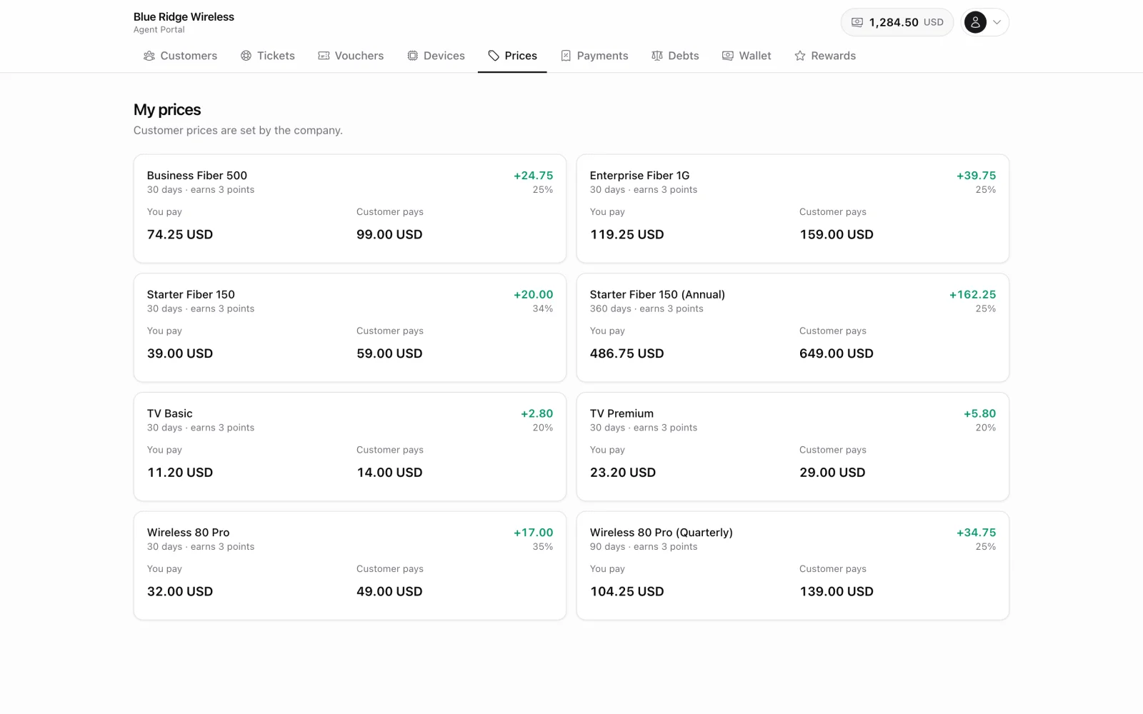 Agent price list showing buy price, customer price and margin per package