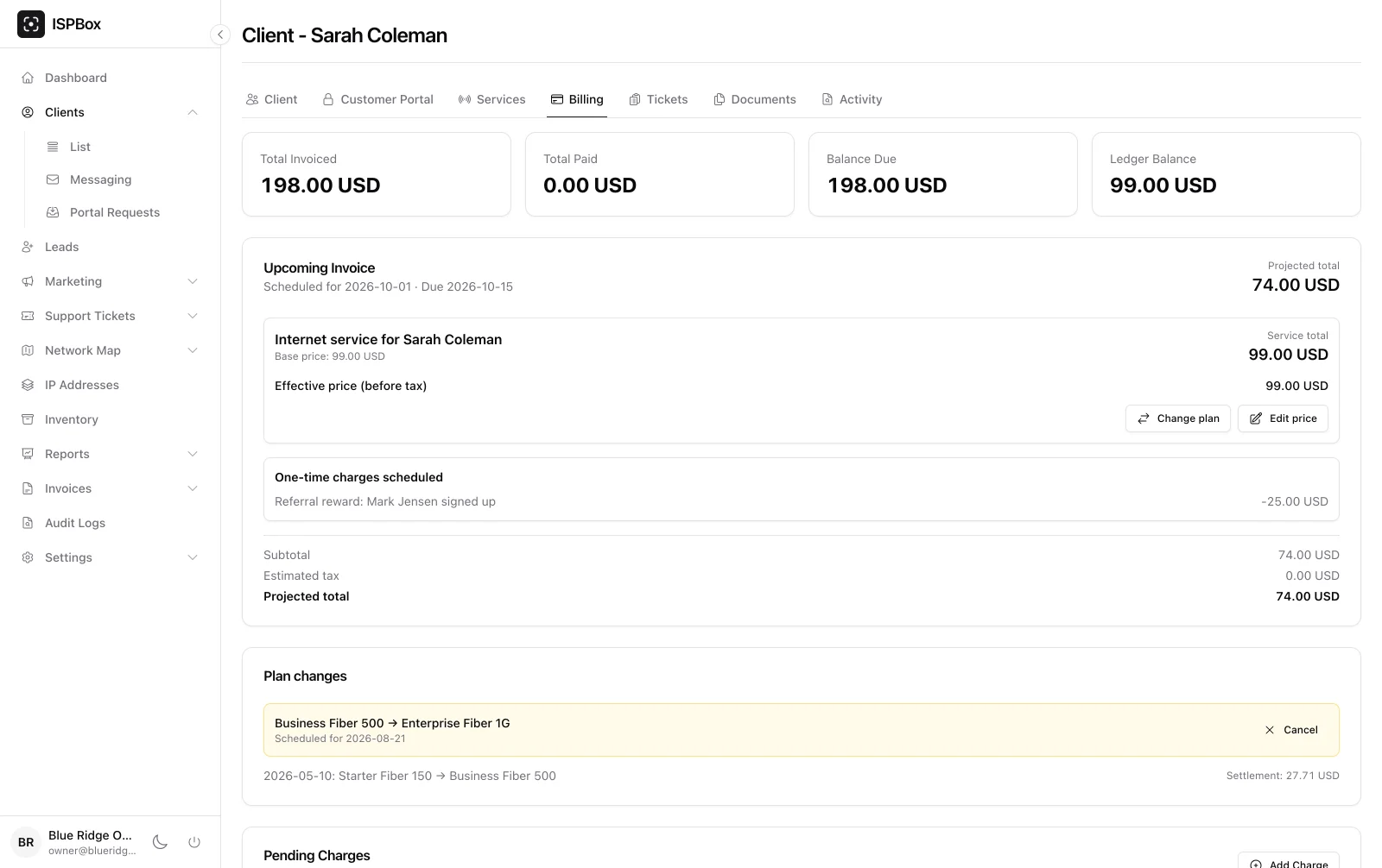 Client billing tab in ISPbox with services, invoices and a running ledger