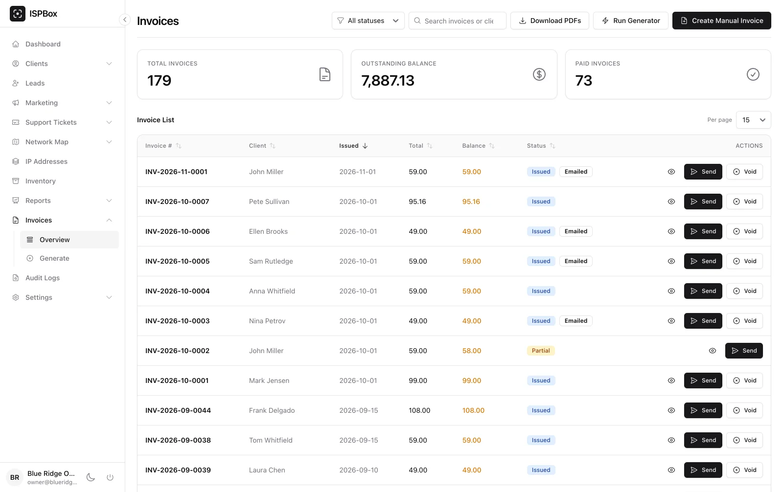 ISPbox invoices overview listing paid, overdue and partial invoices with balances