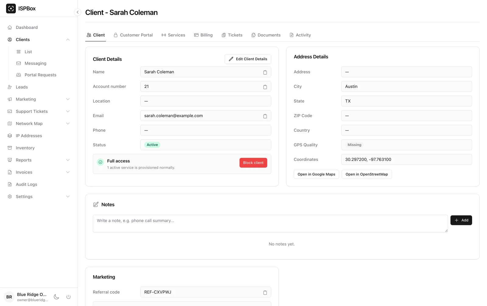 Client record with contact details, address, GPS and referral code