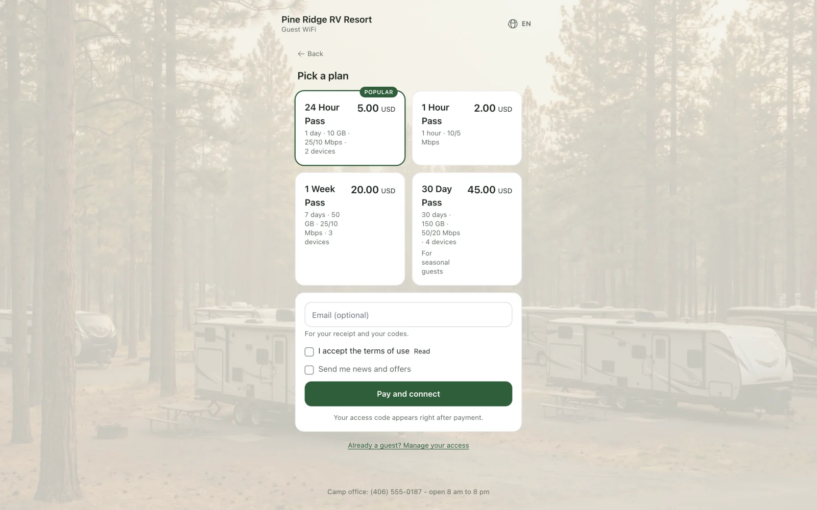 Guest WiFi page with plan cards