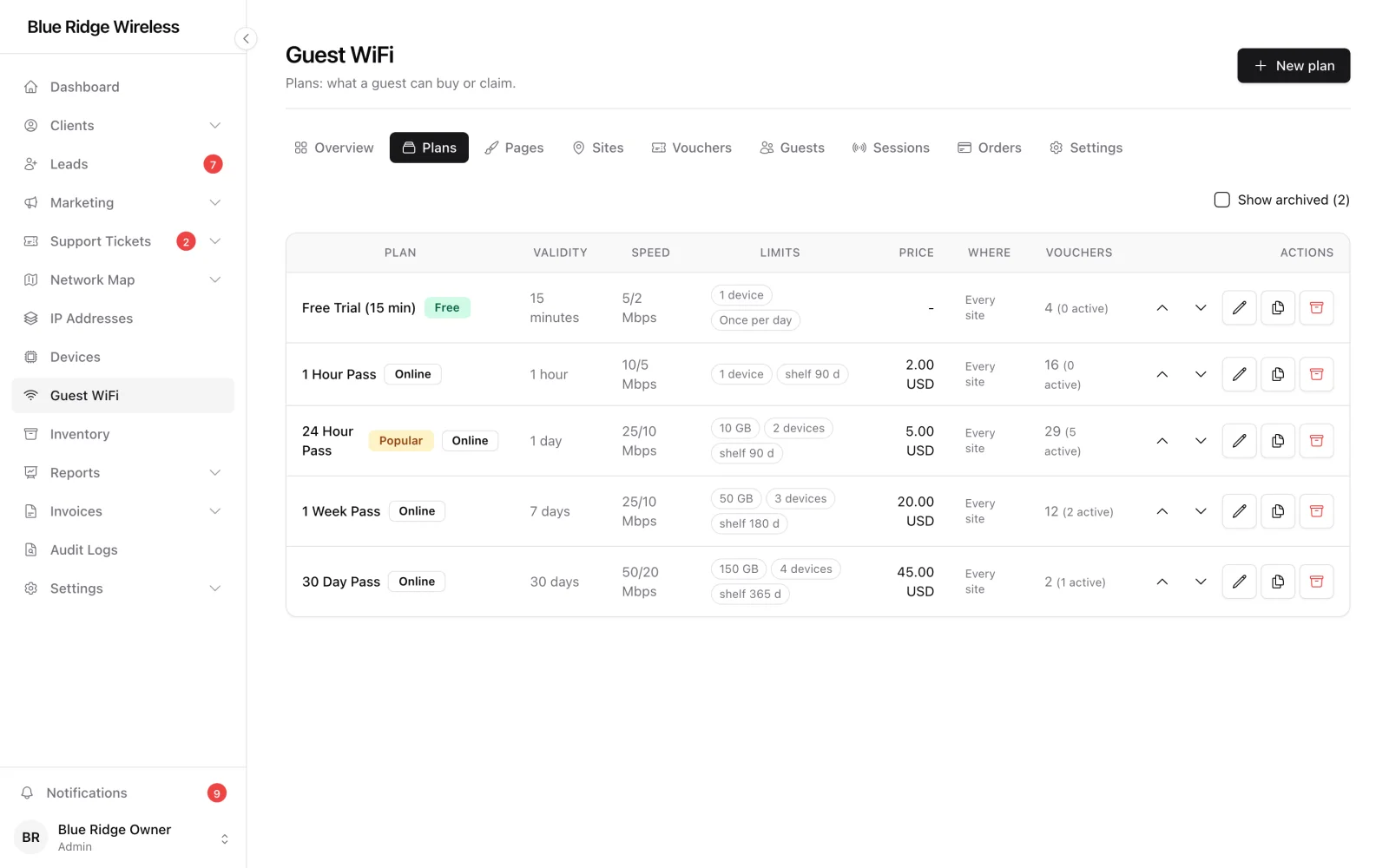 Hotspot plans list with validity, speed, data limit and price