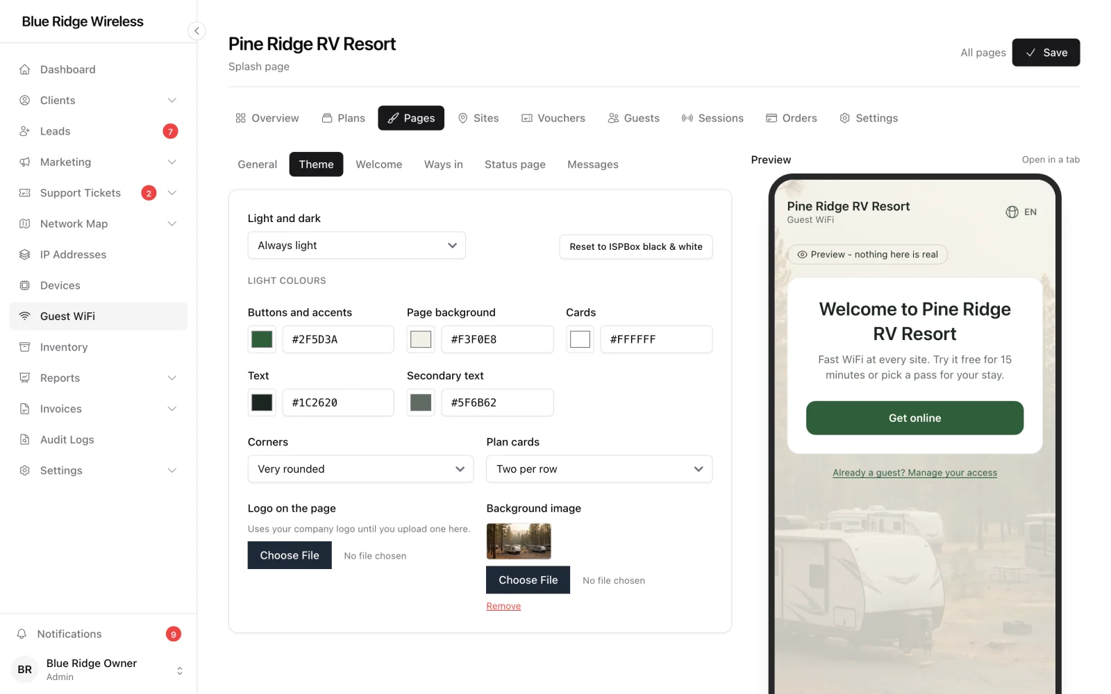Splash page editor with colour settings and a live preview