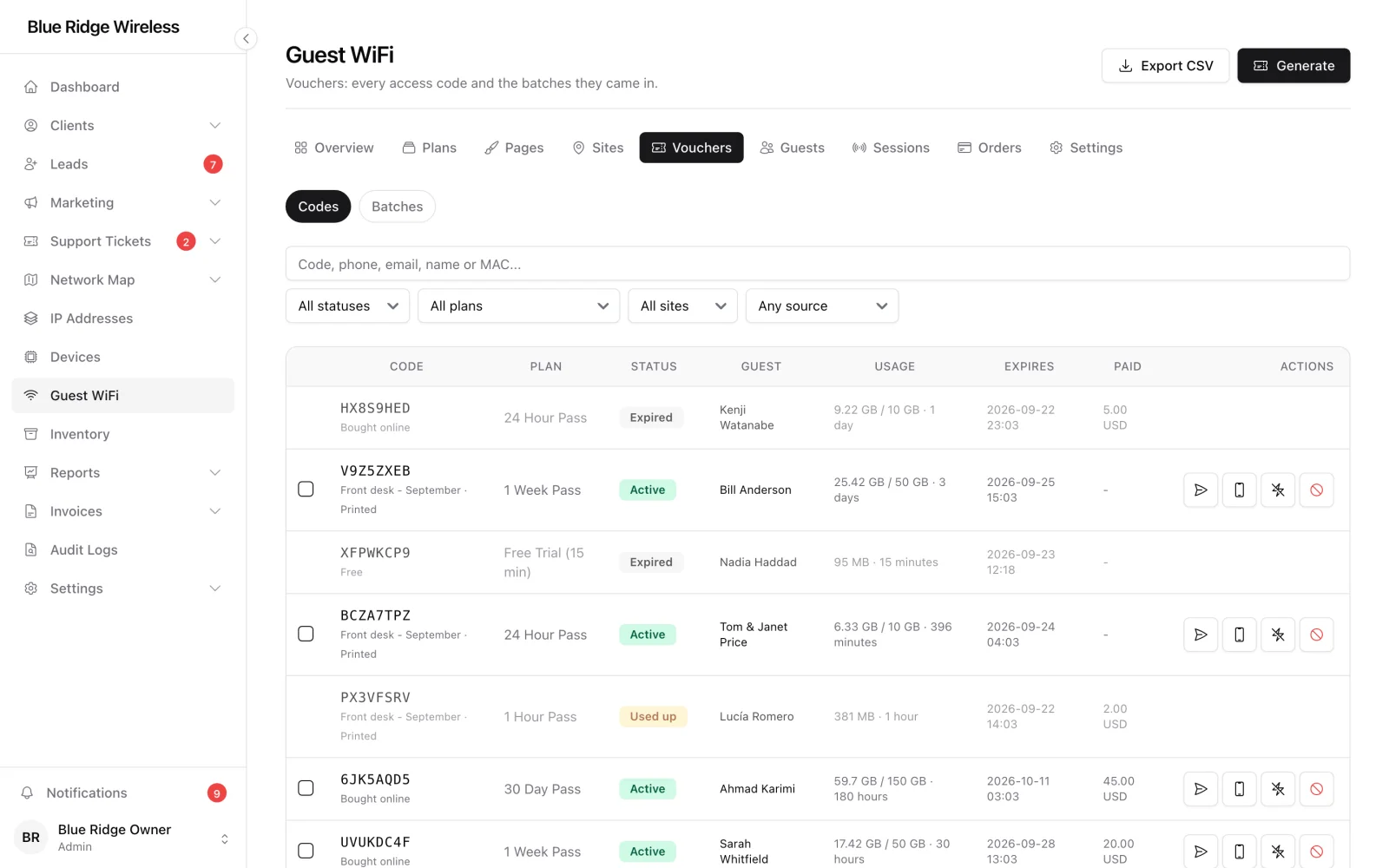 Voucher list with codes, plans, usage and status