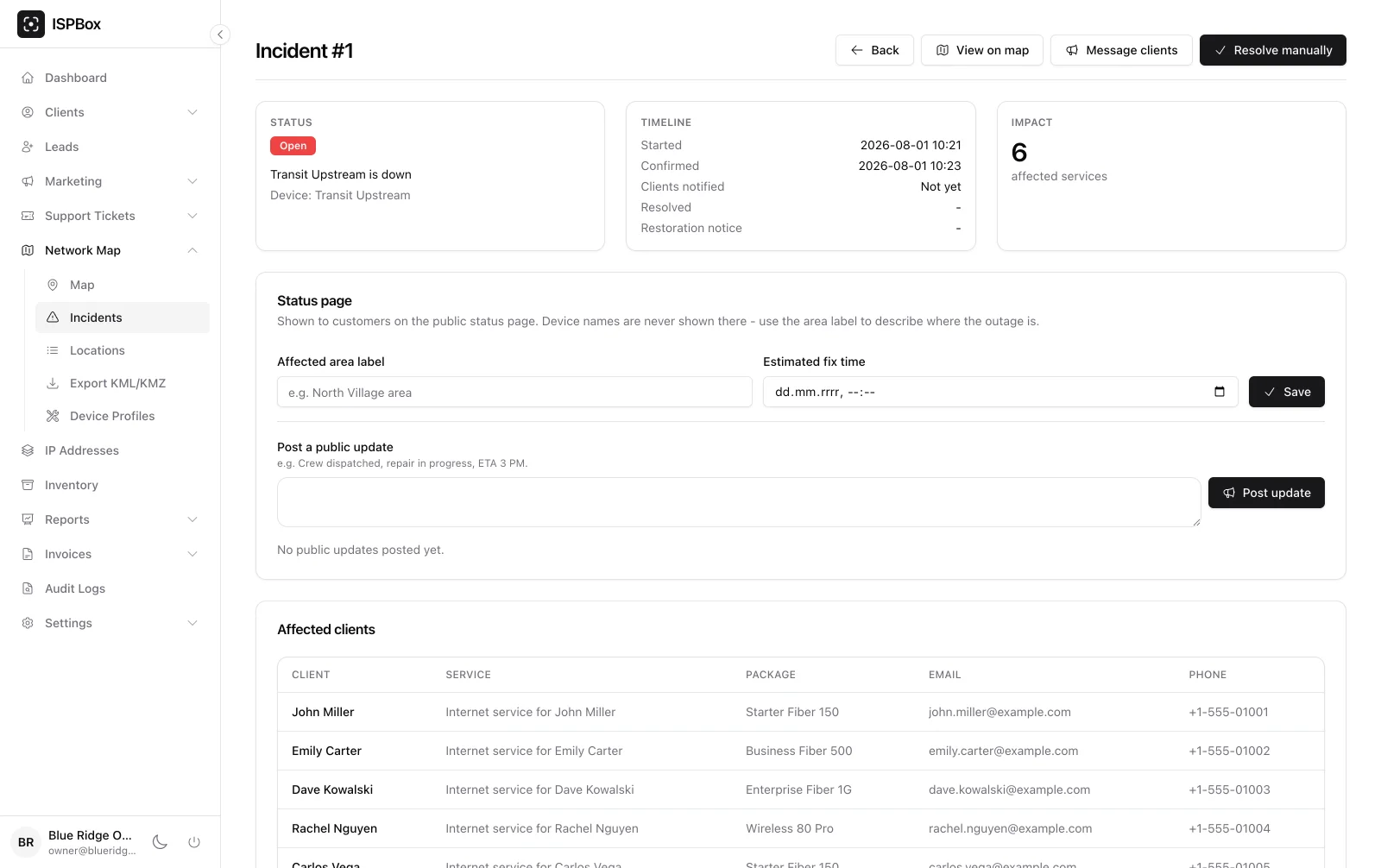 Incident view with impact, timeline and affected clients