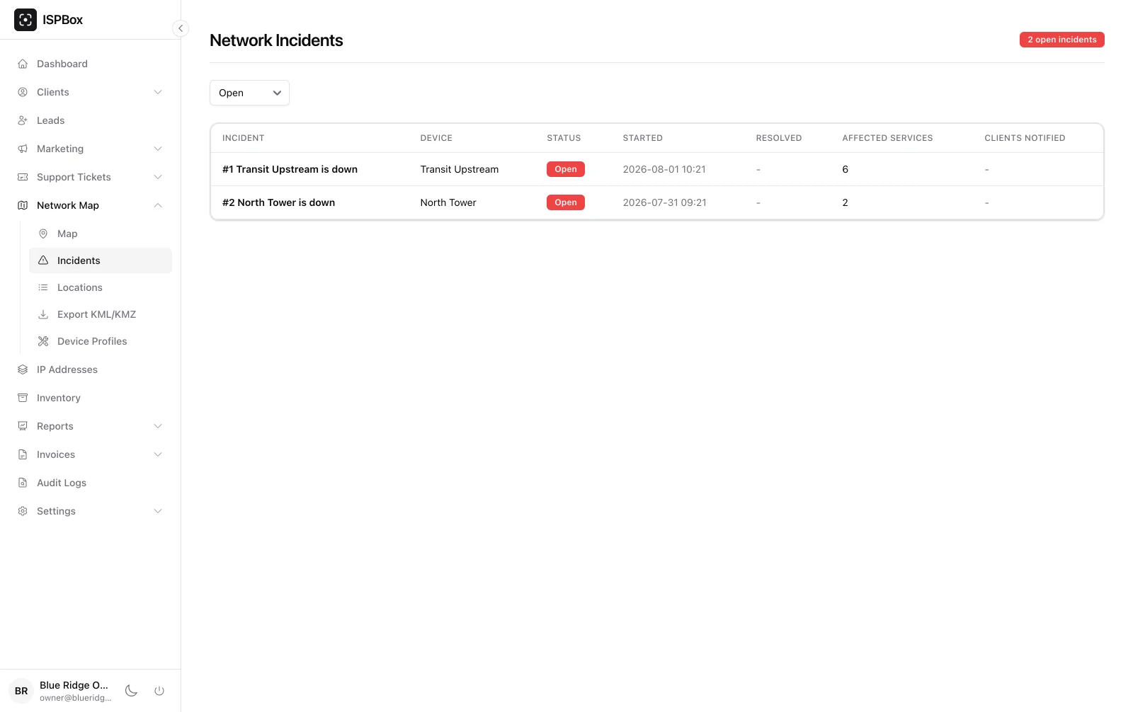Network incidents list with open outages and affected services
