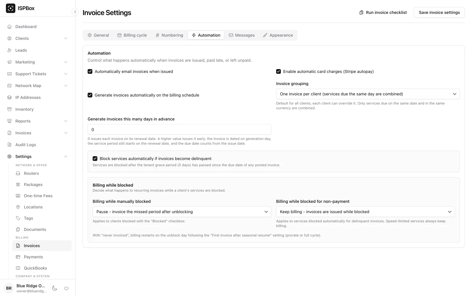 Invoice automation settings with autopay, auto-generation and delinquency blocking