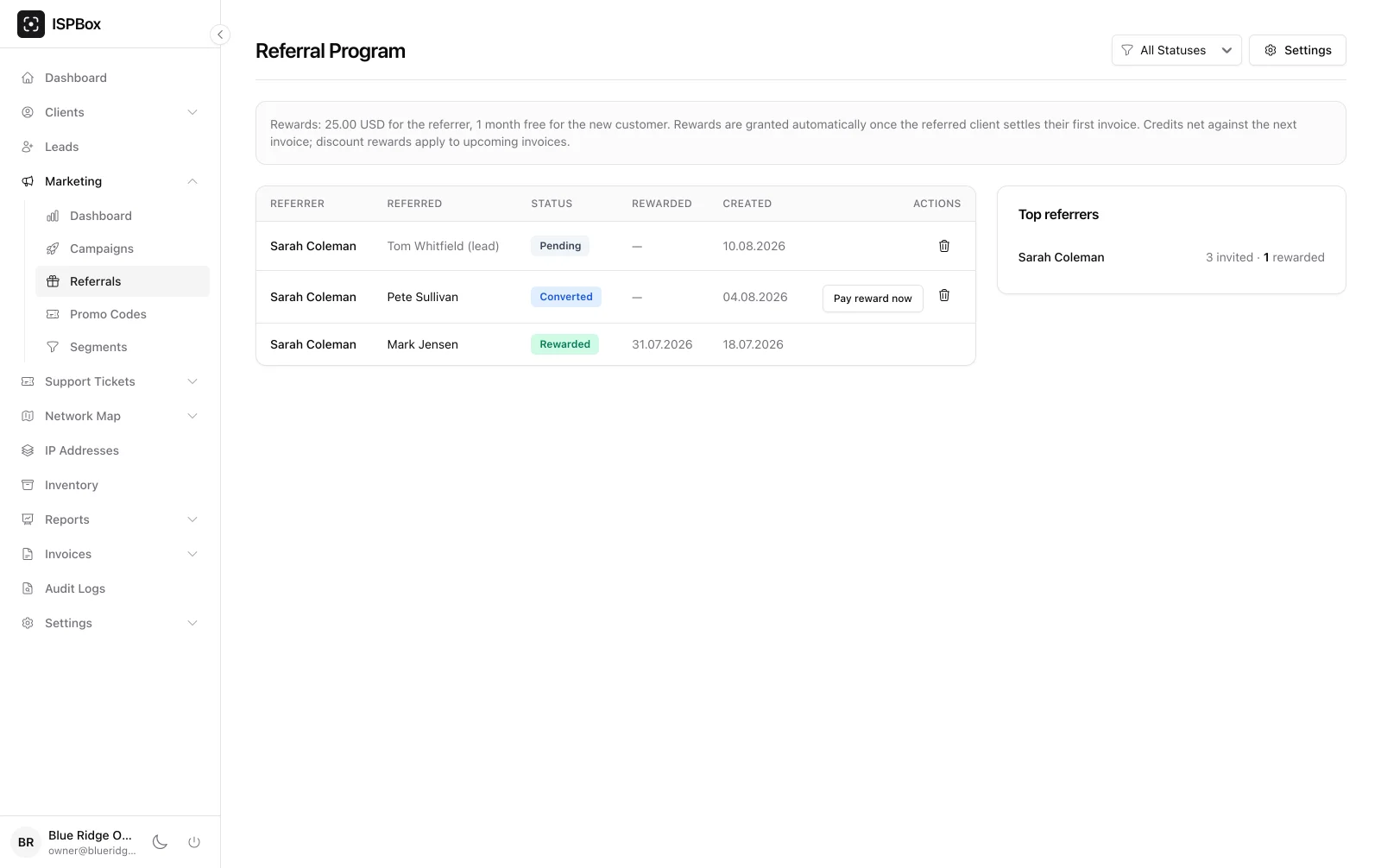 Referral program view with statuses and top referrers