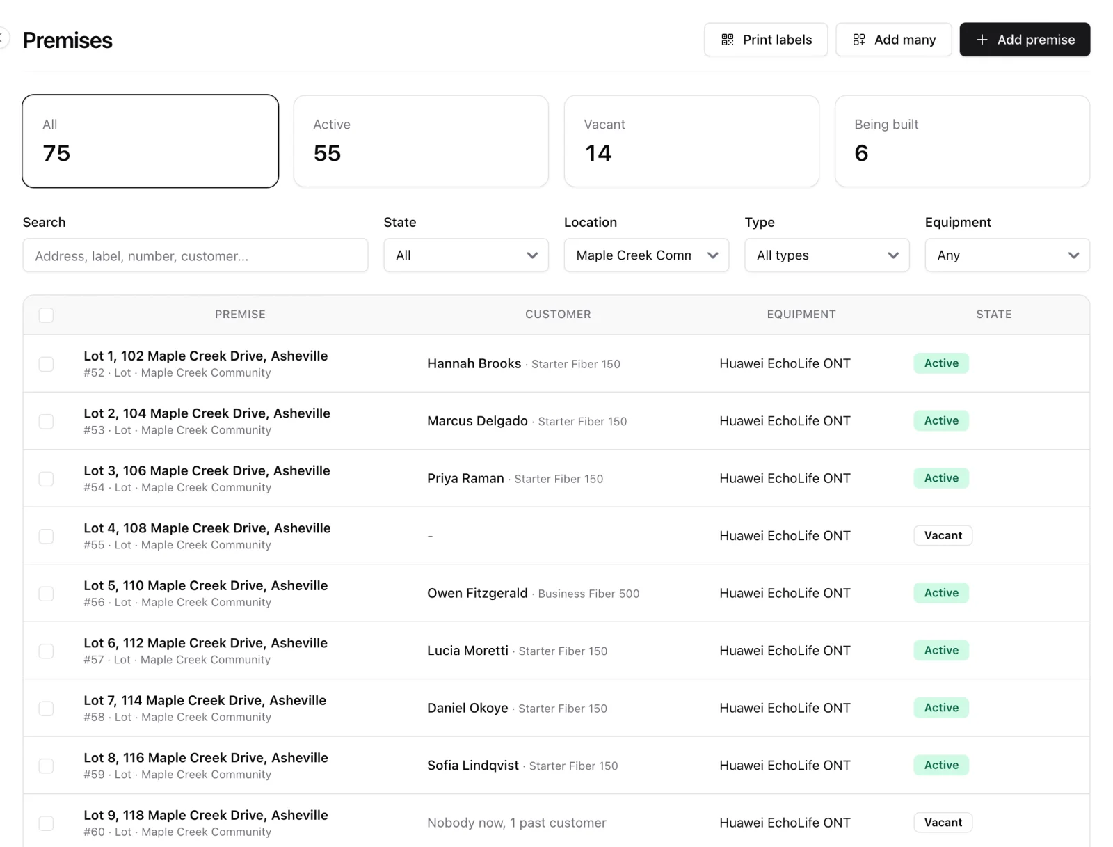 List of lots in a community with the resident, the installed ONT and the state of each