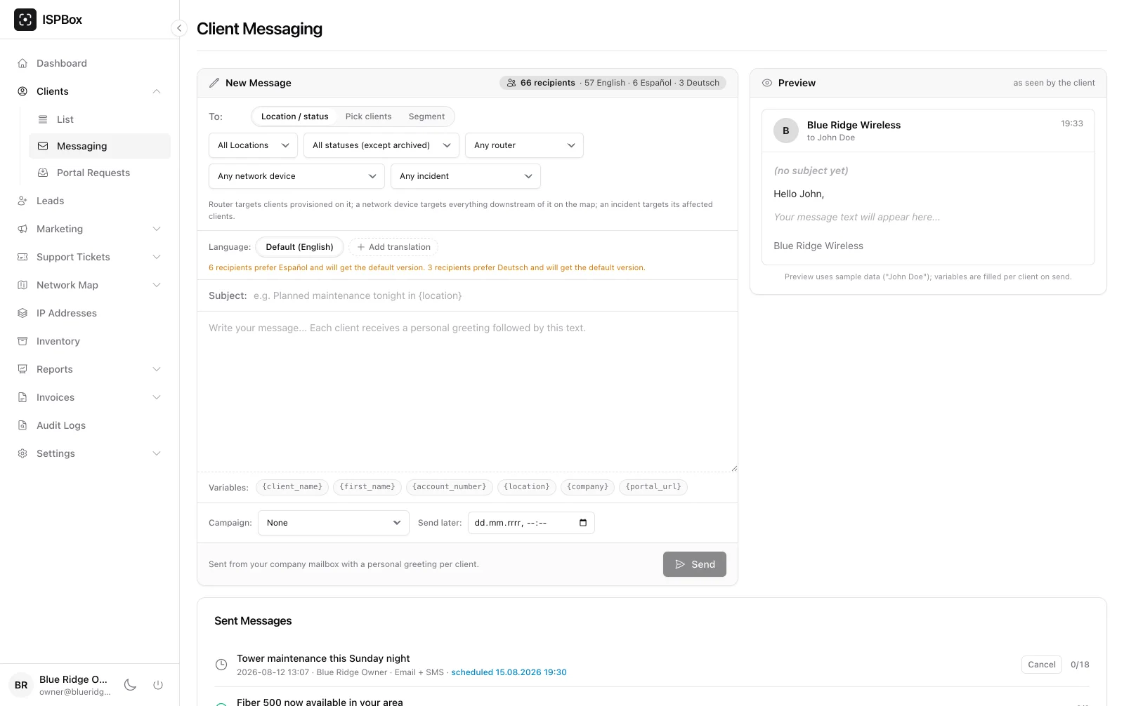 Mass messaging composer with variables, translations and recipient count