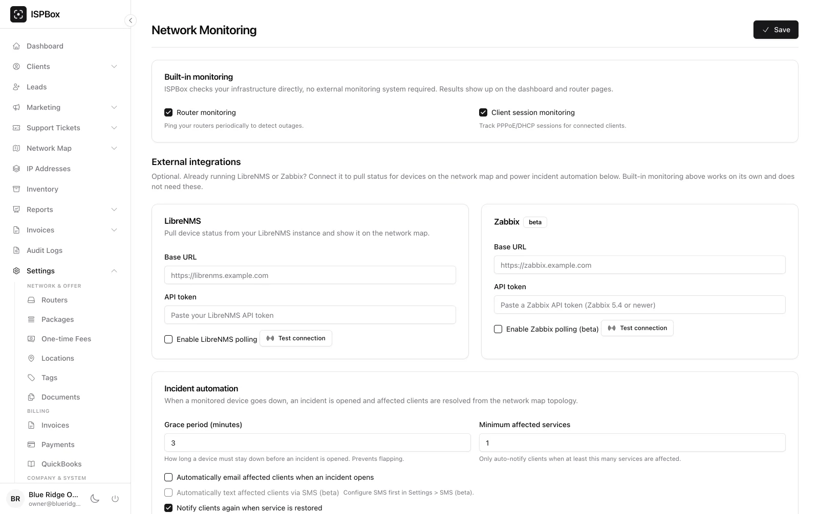 Monitoring settings with built-in checks and LibreNMS and Zabbix integrations