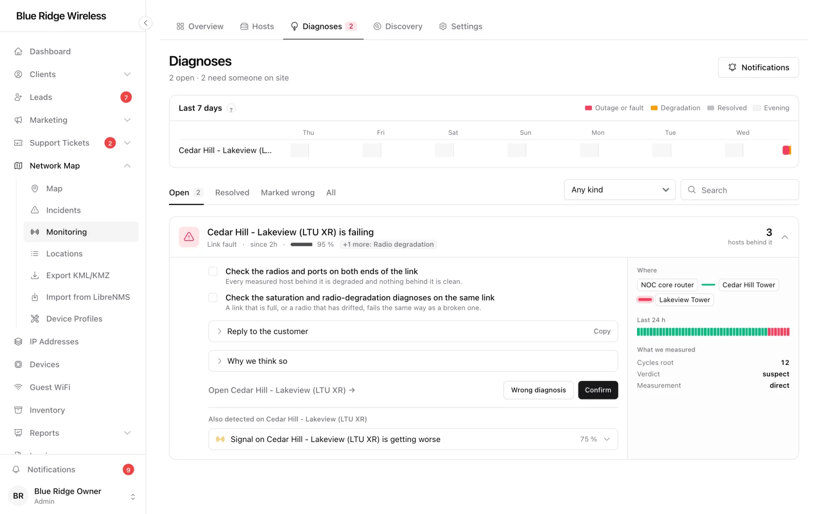 Diagnoses feed with a link fault, its evidence and suggested next steps