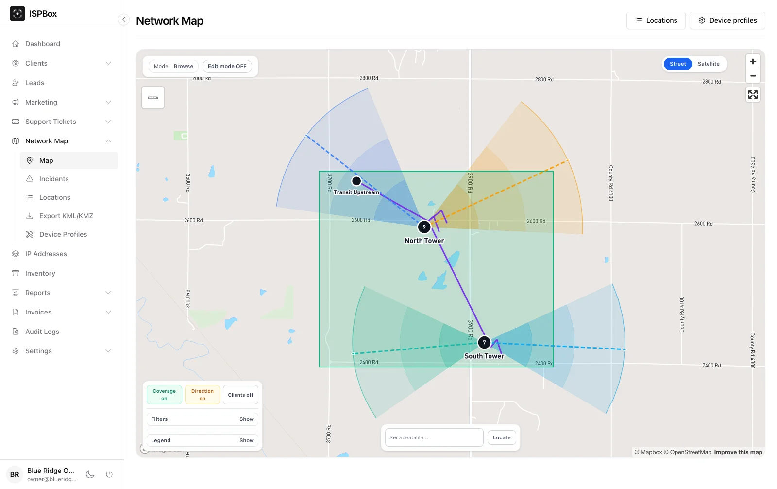 GIS map documenting towers, links and fiber infrastructure