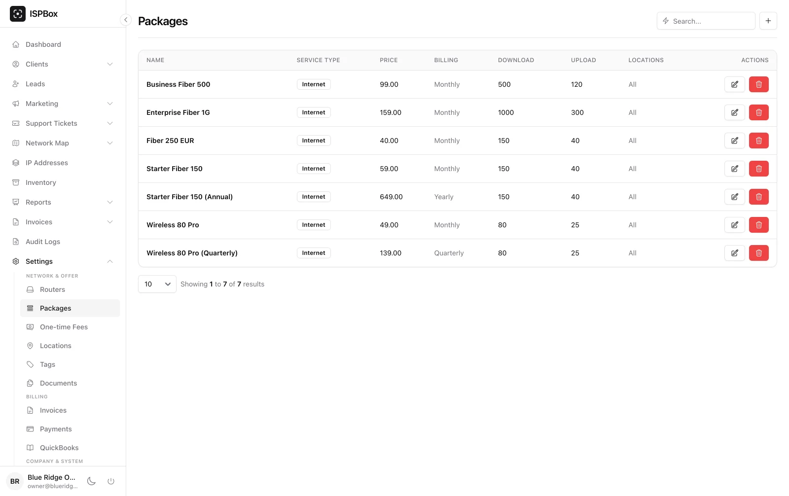 Packages list with speeds, prices and billing periods