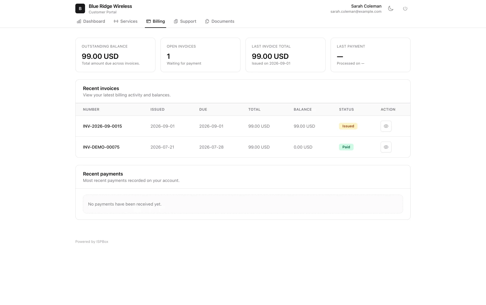 Customer portal billing tab with invoices and payments