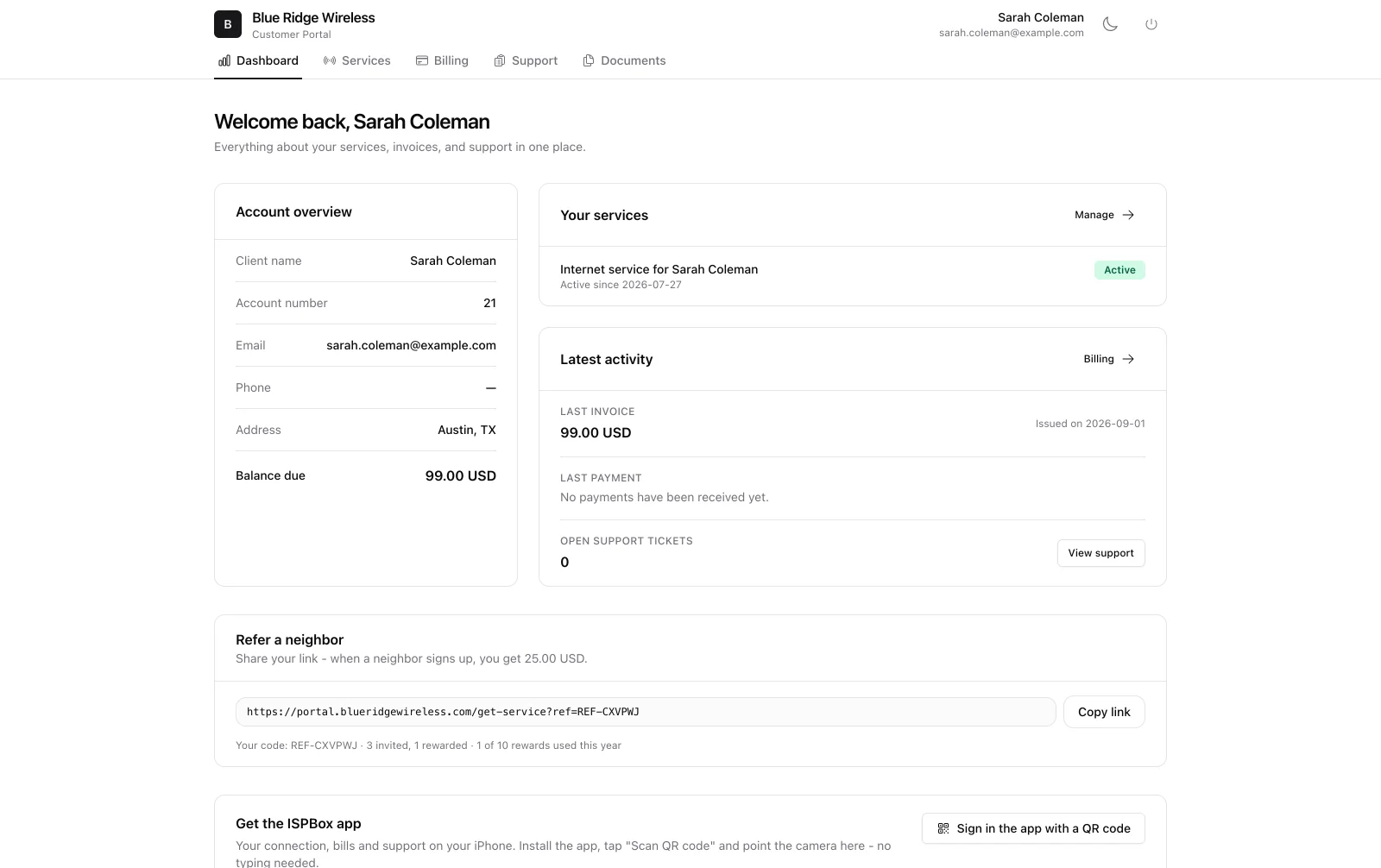 Customer portal dashboard with account overview, services and referral link