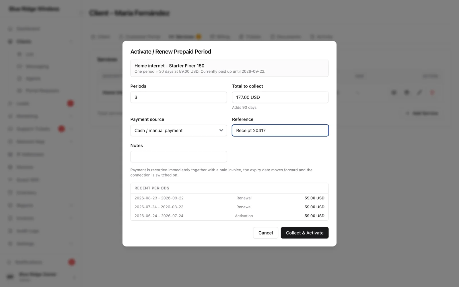 Activate or renew dialog with number of periods, amount and the new expiry date