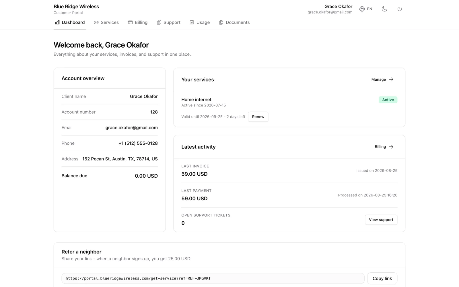 Customer portal with service status and payment options