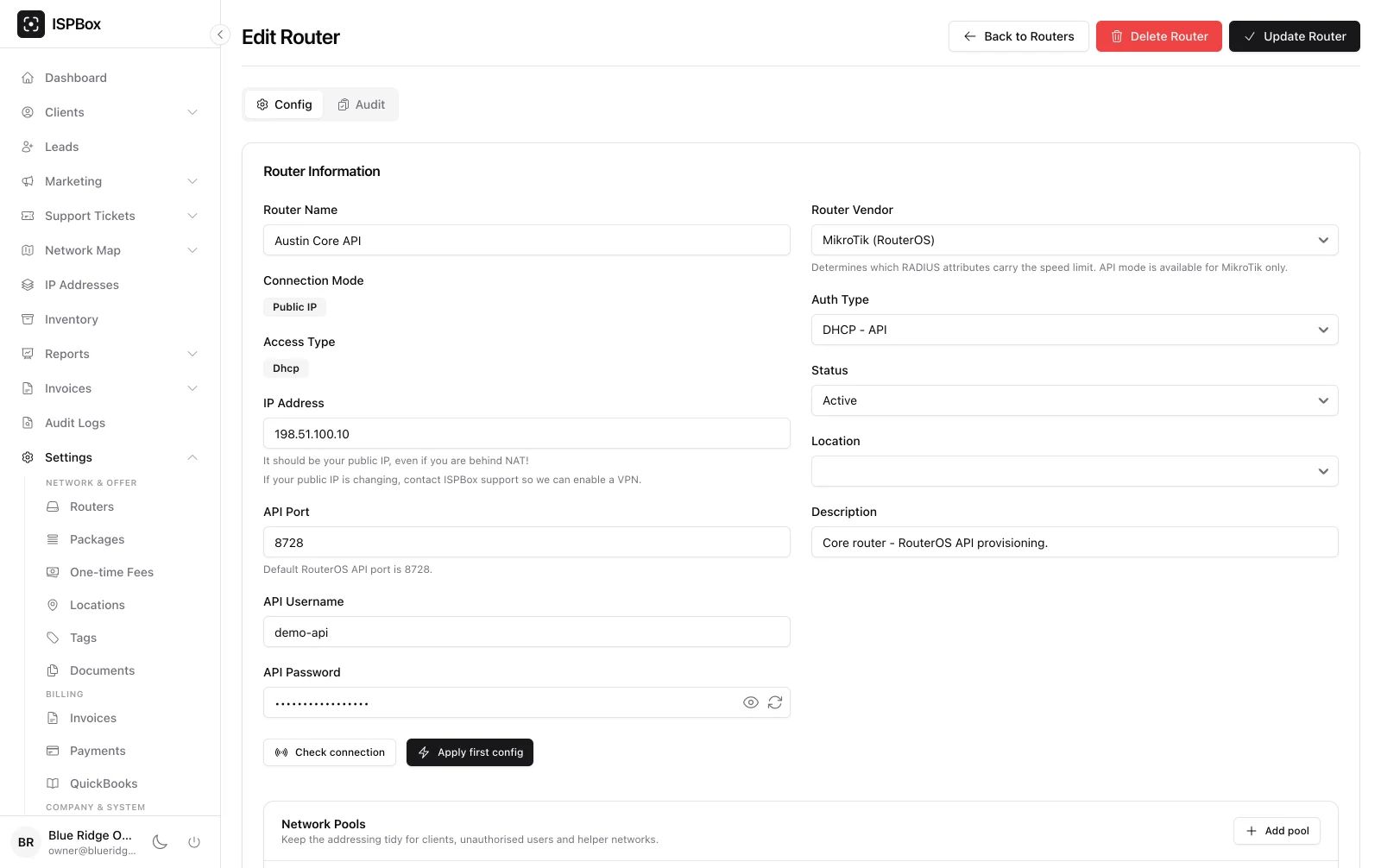 Router setup choosing PPPoE RADIUS or API authentication