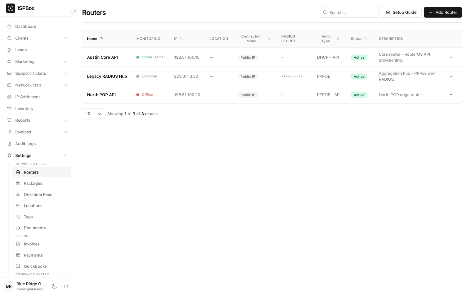 Router inventory with connection modes, auth types and live monitoring