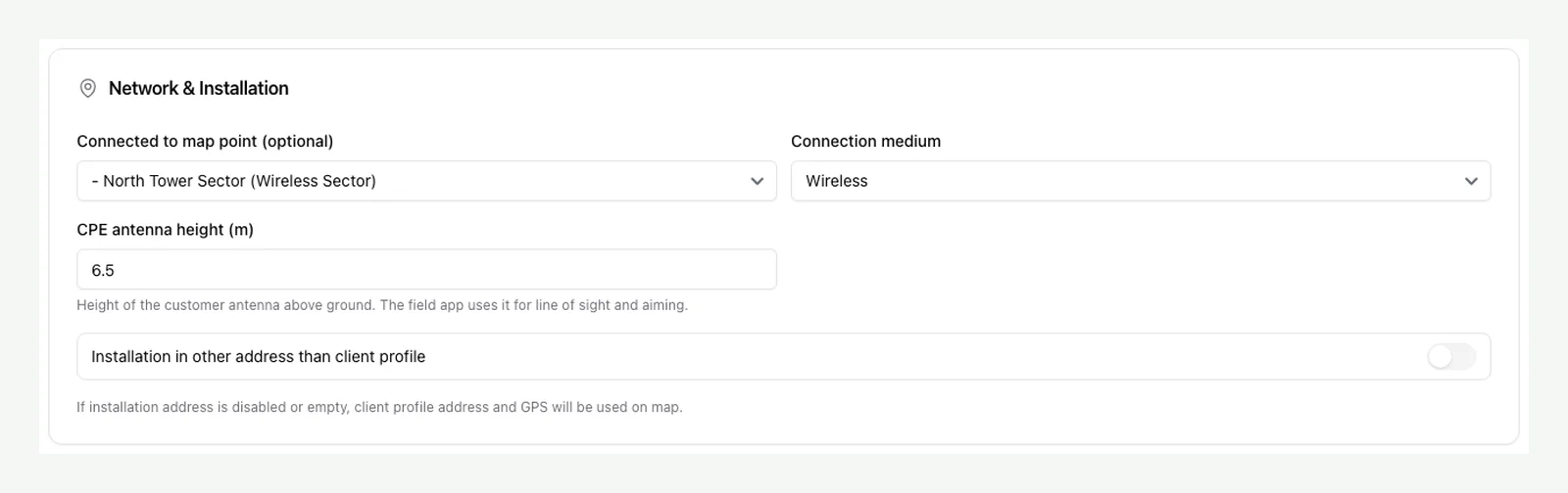 Service edit form with the connected map point and CPE antenna height field