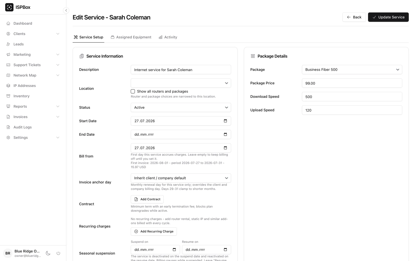 Service setup mapping a package to speeds and provisioning