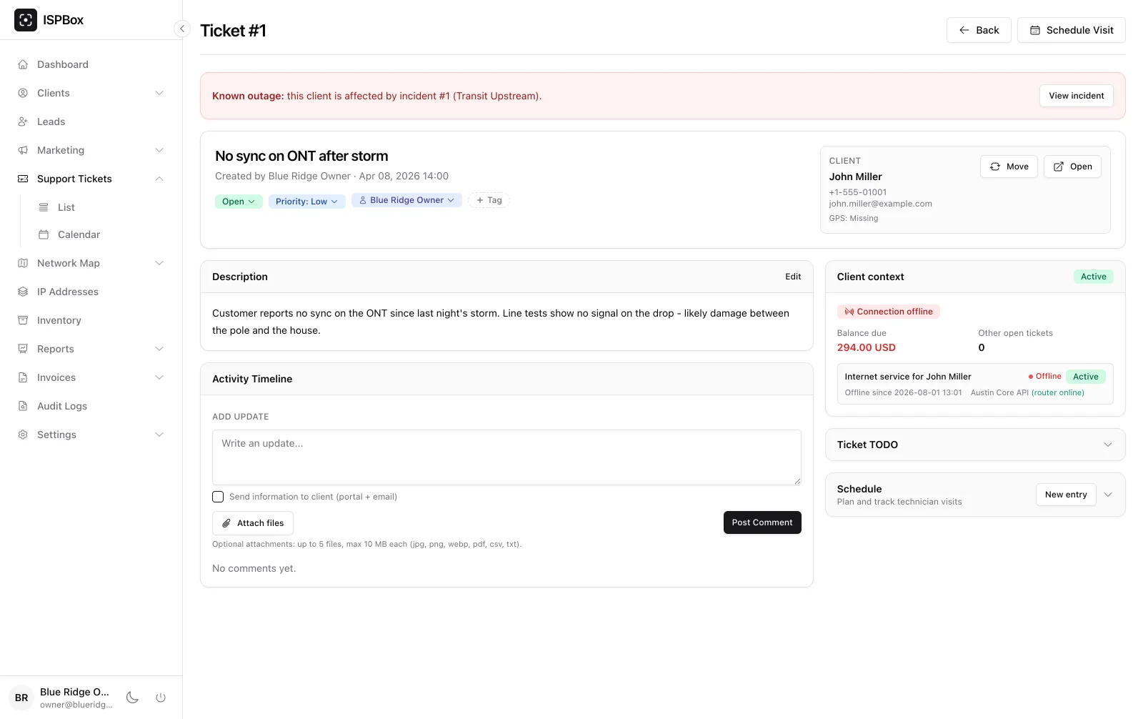 Ticket with technician visit scheduling in the sidebar