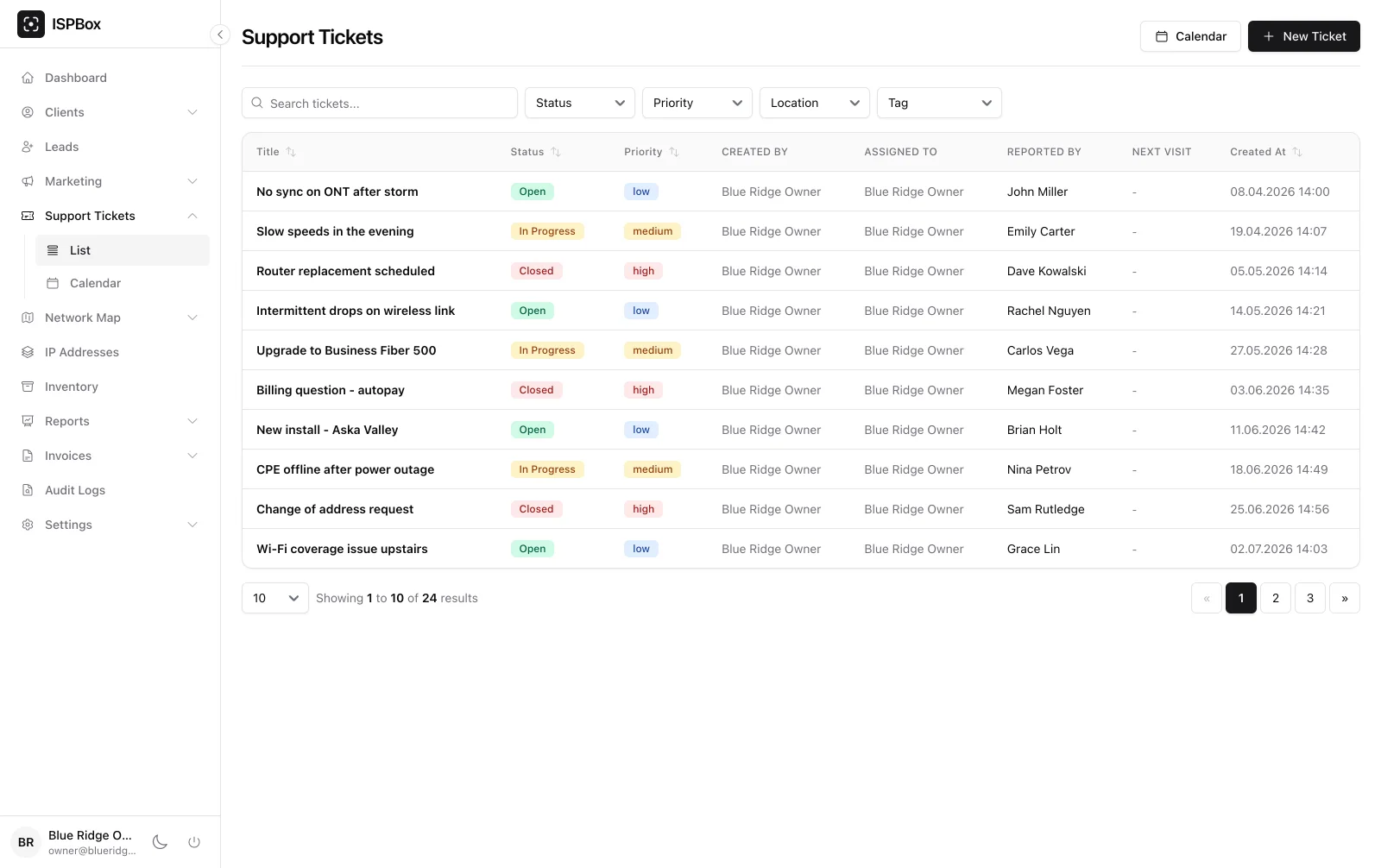 Support tickets board with status, priority and assignee