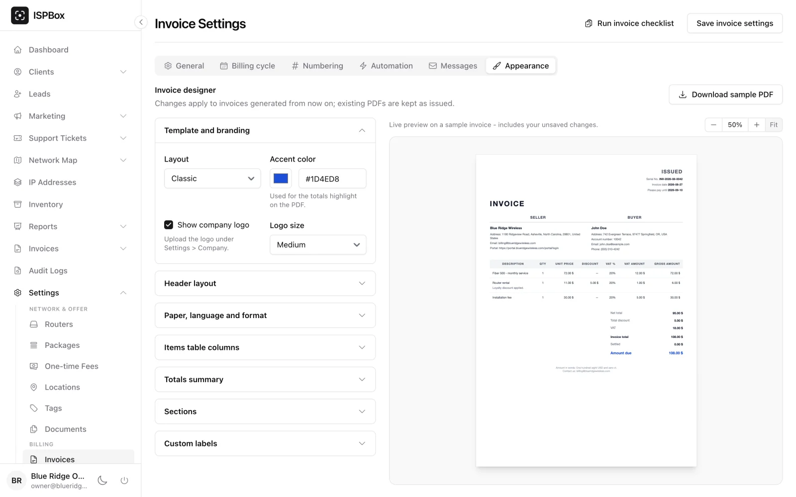 Invoice designer with layout, accent color and logo options next to a live PDF preview
