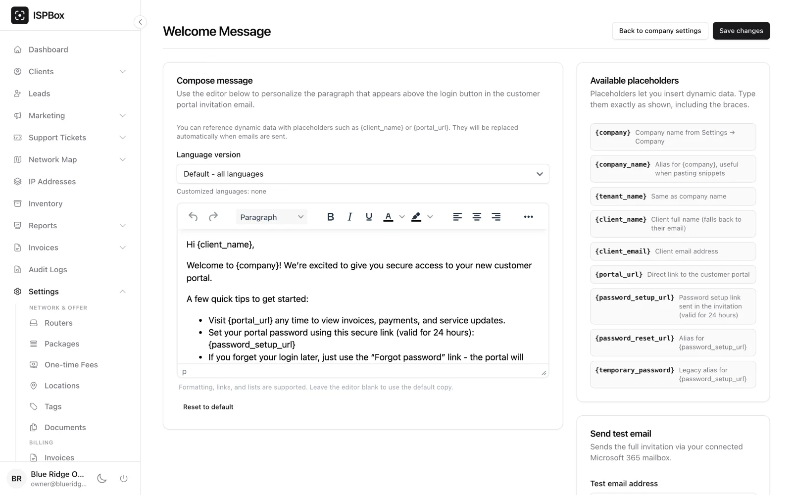 Portal invitation message editor with placeholder list and language version selector