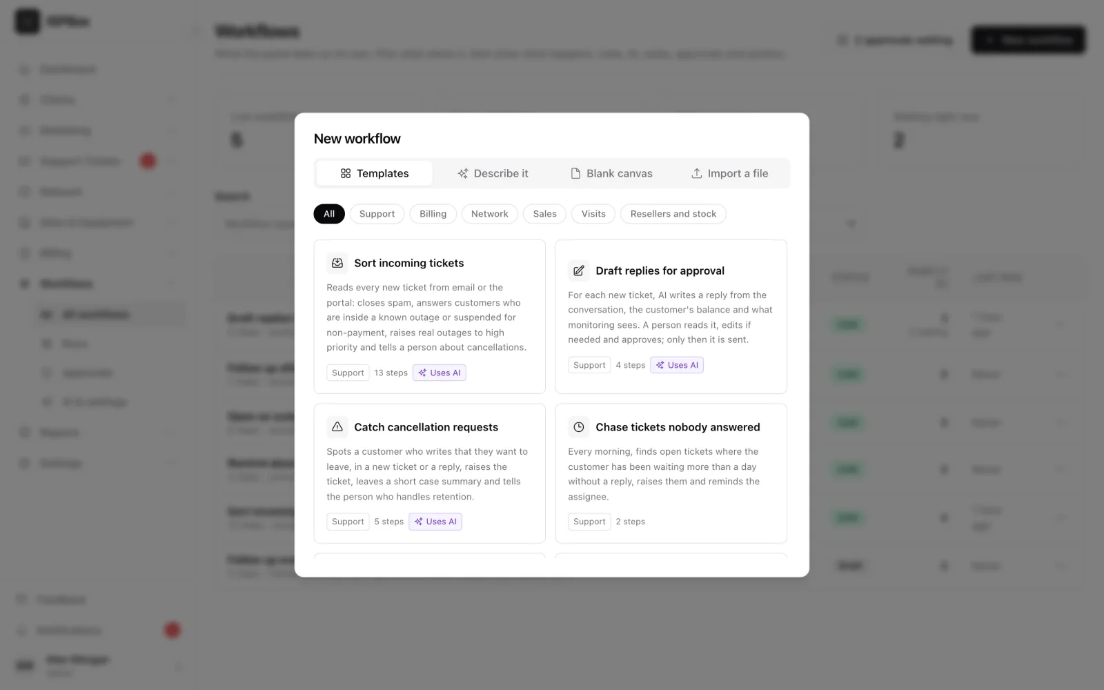 New workflow dialog with ready templates for support, billing, the network and sales