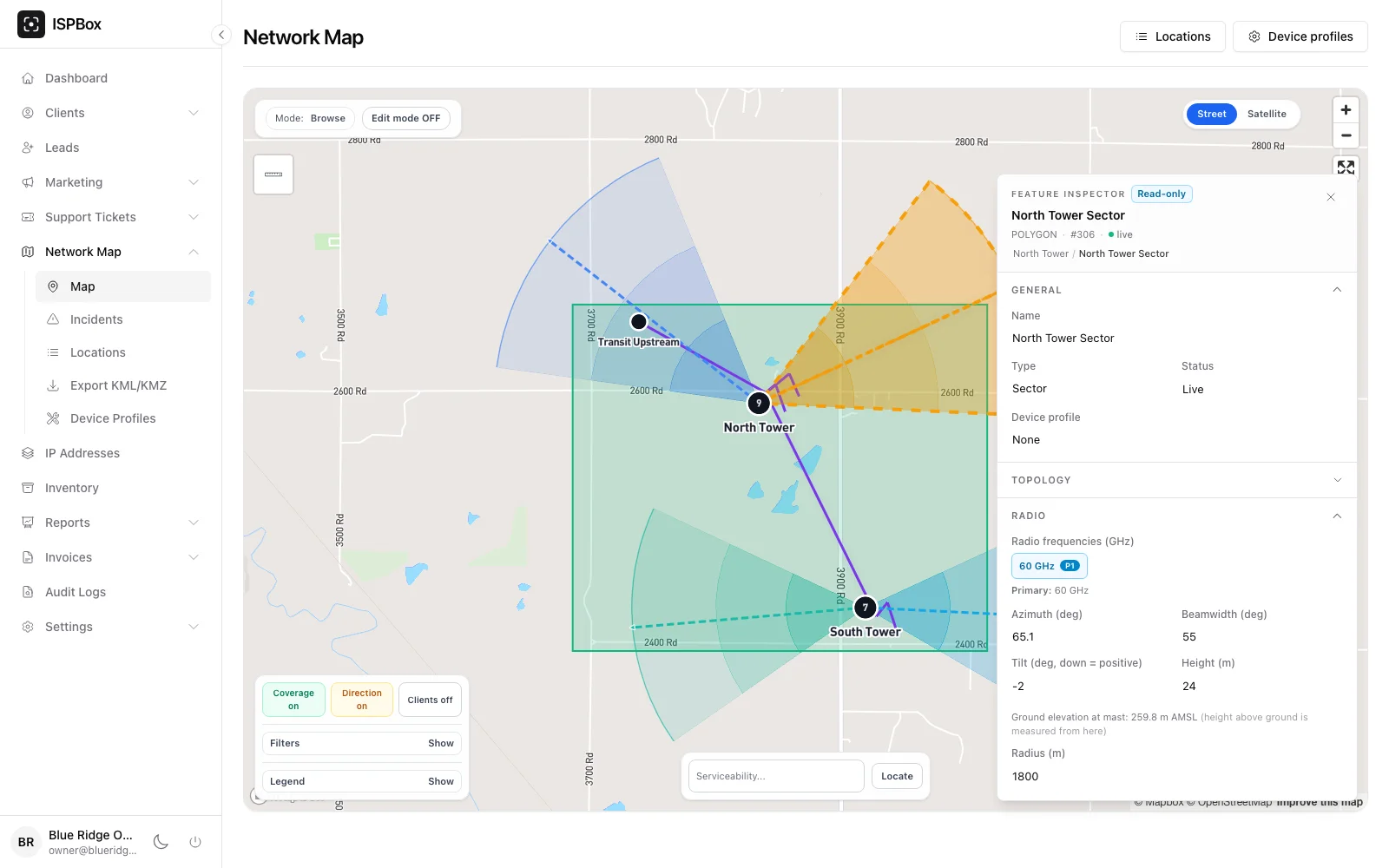 ISPbox network map with wireless sectors, mast height and ground elevation