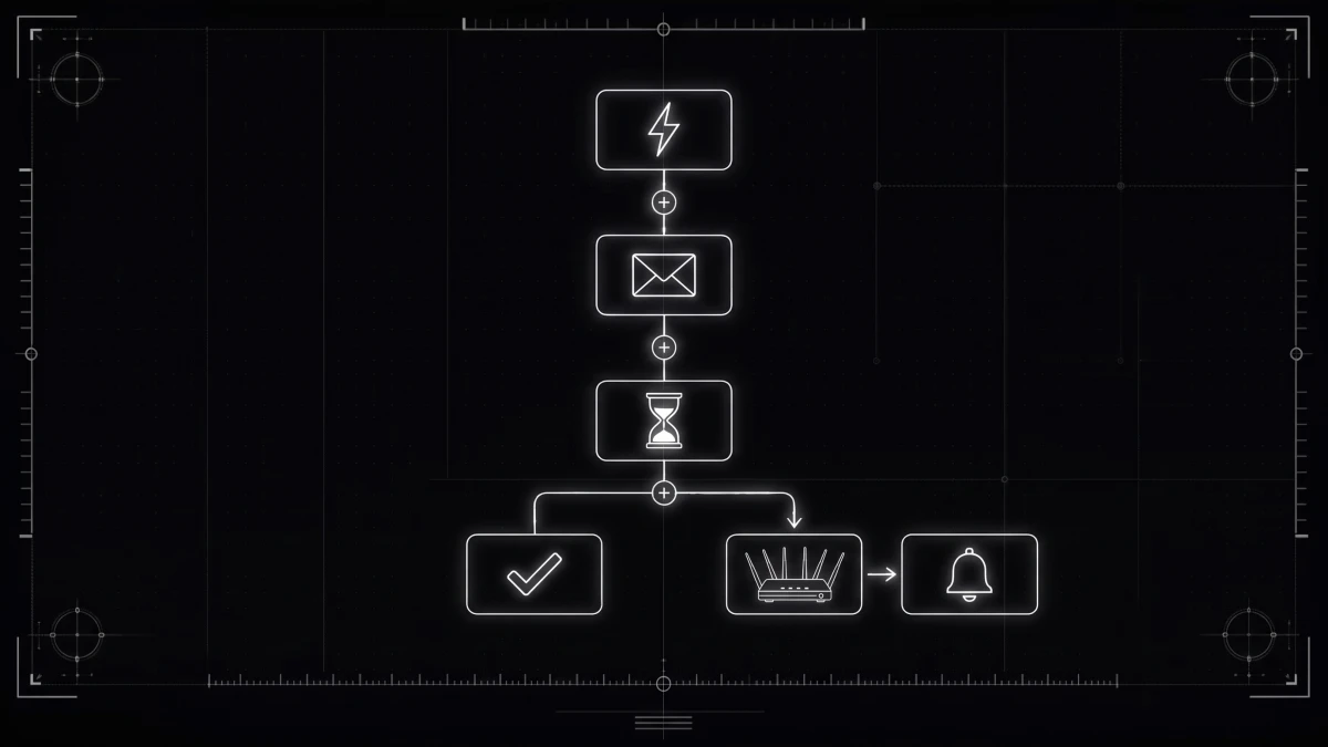 A workflow drawn as a tree: a trigger, a message, a wait, and two branches that end in a check mark and a staff notification