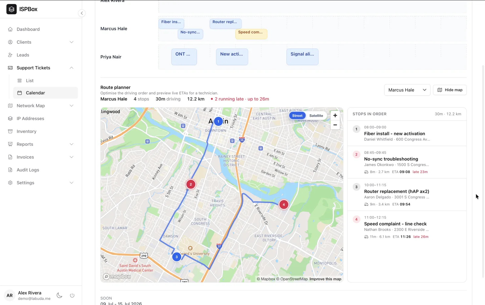 Technician route planner with live ETAs and running-late alerts in ISPbox