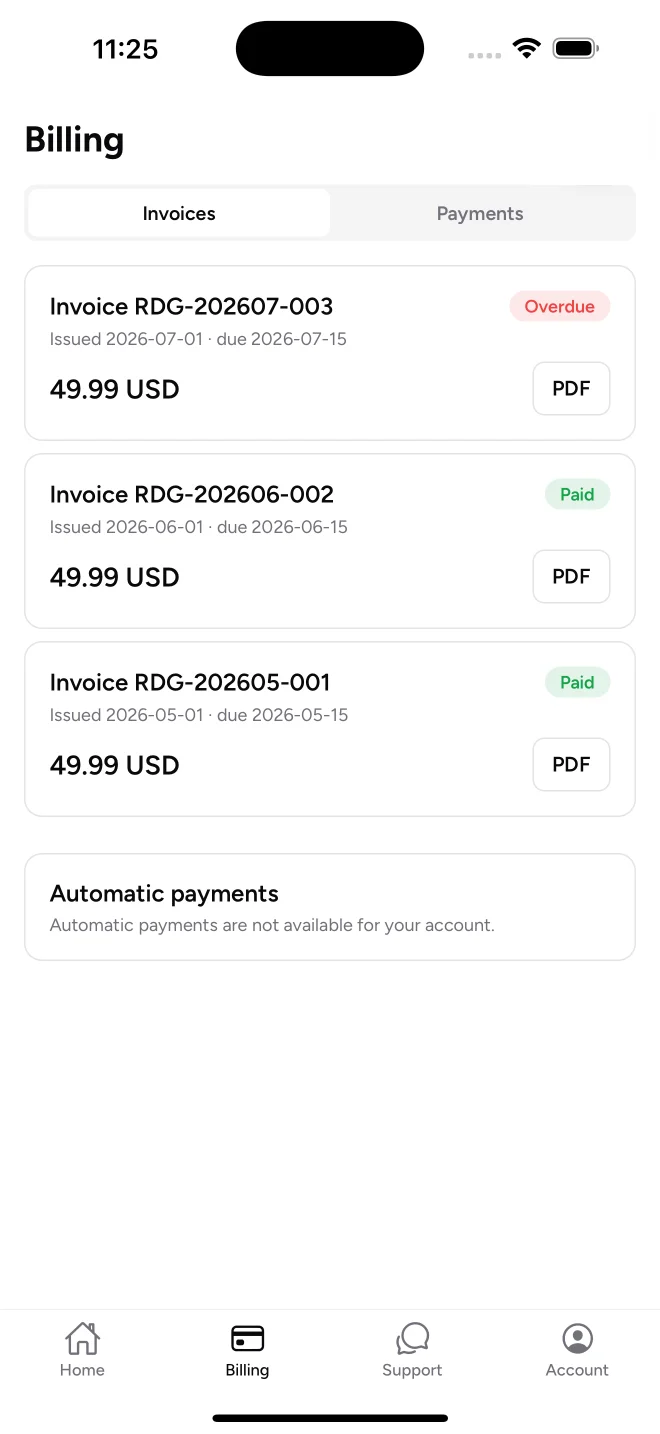 ISPbox subscriber app: invoices with statuses, PDF download and online payment