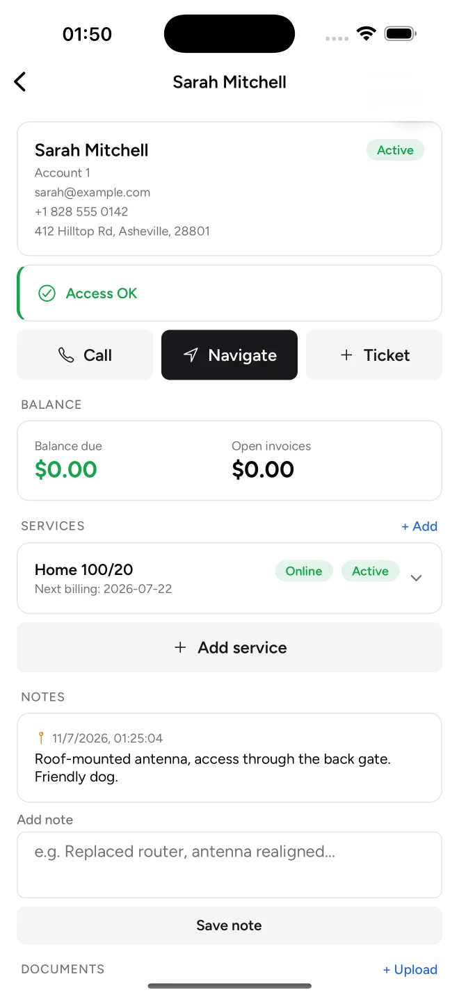 ISPbox Field app: client record with access diagnosis, balance and live service status
