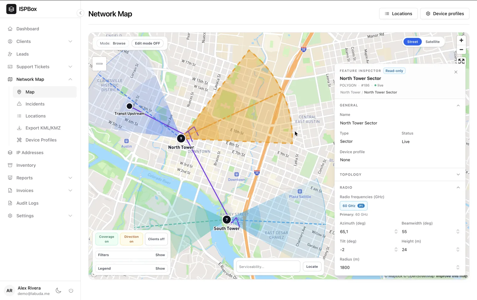 Network maps in ISPbox with RF sector coverage
