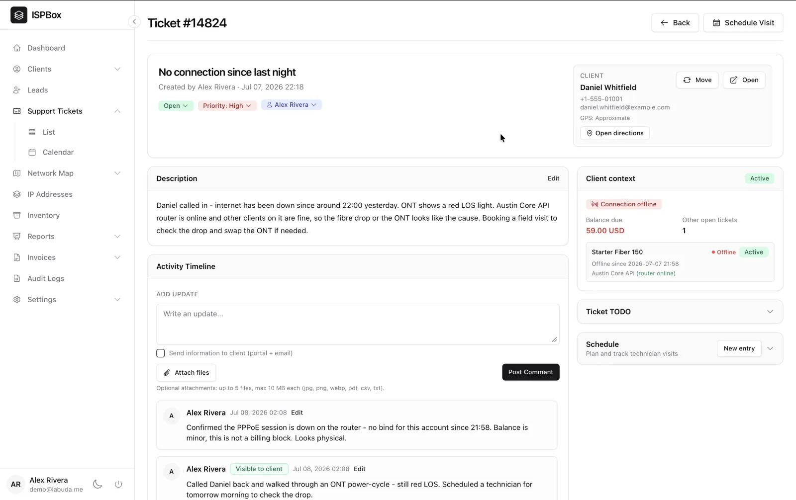 ISPbox support ticket with live client context and activity timeline