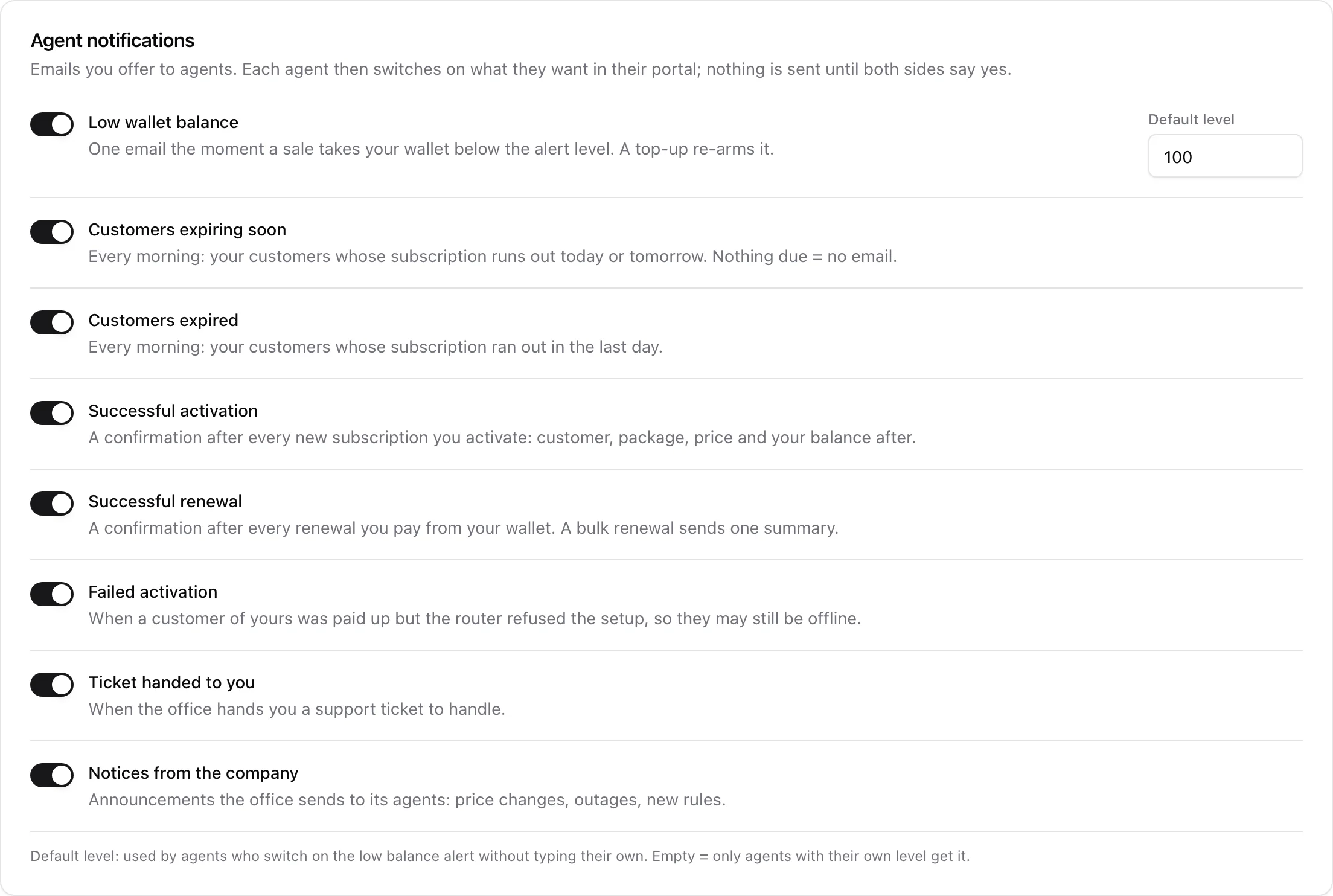 Agent notifications card in Settings > Agents: eight email kinds with the default low-balance level