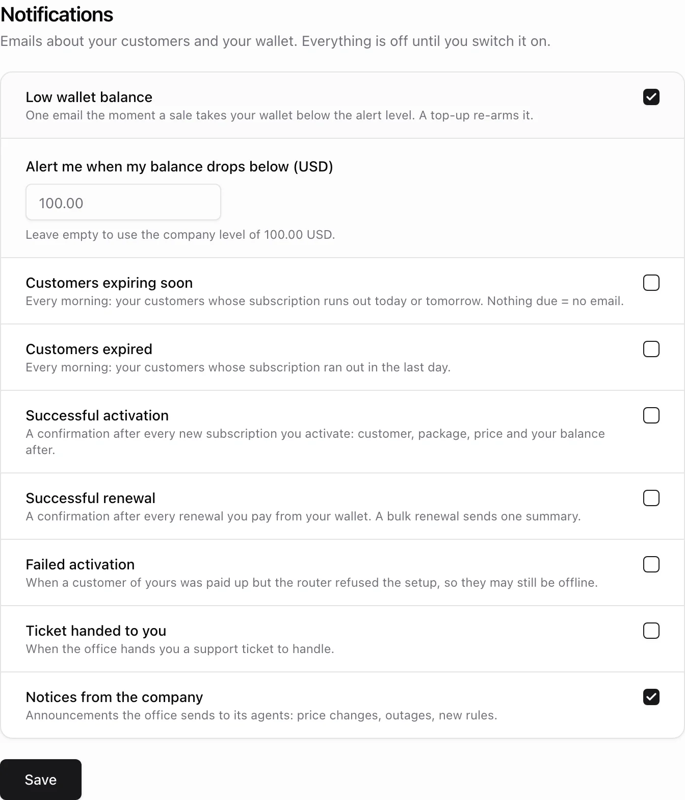 The agent portal Notifications page with each email kind, its description and the alert-level field under low wallet balance