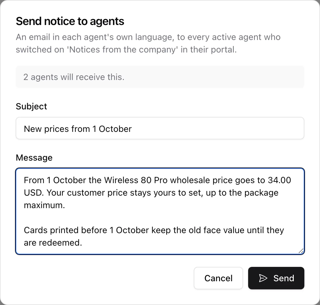 Send notice to agents dialog: recipient count, subject and message, with Cancel and Send