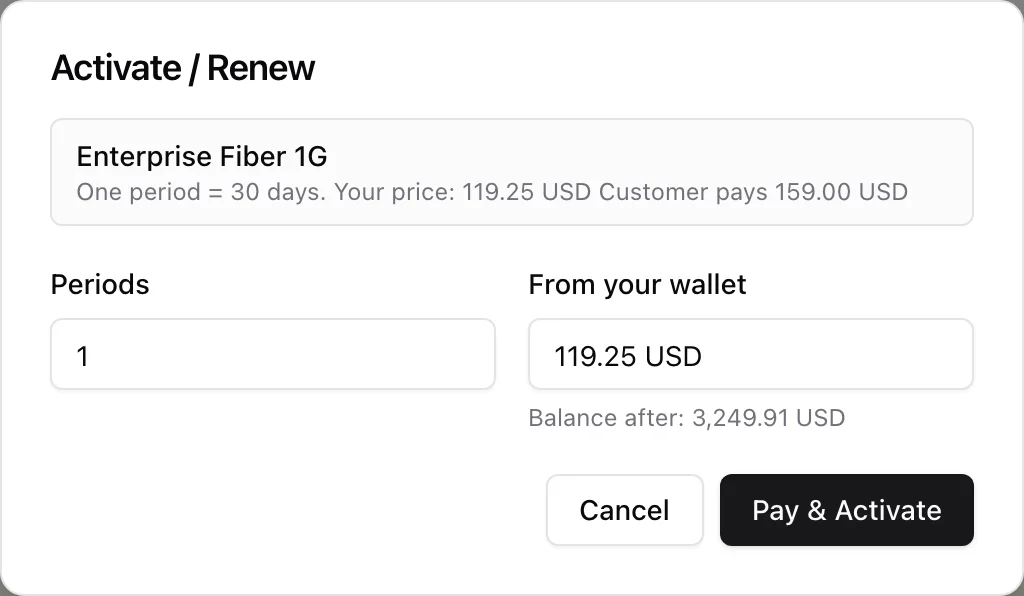 Activate / Renew modal showing the package, one period in days, the agent price, the customer price, a periods field and the balance after