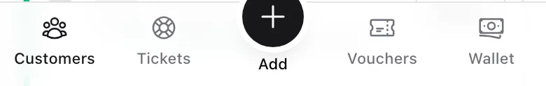 The phone bottom bar: Customers, Tickets, the round Add button, Vouchers and Wallet