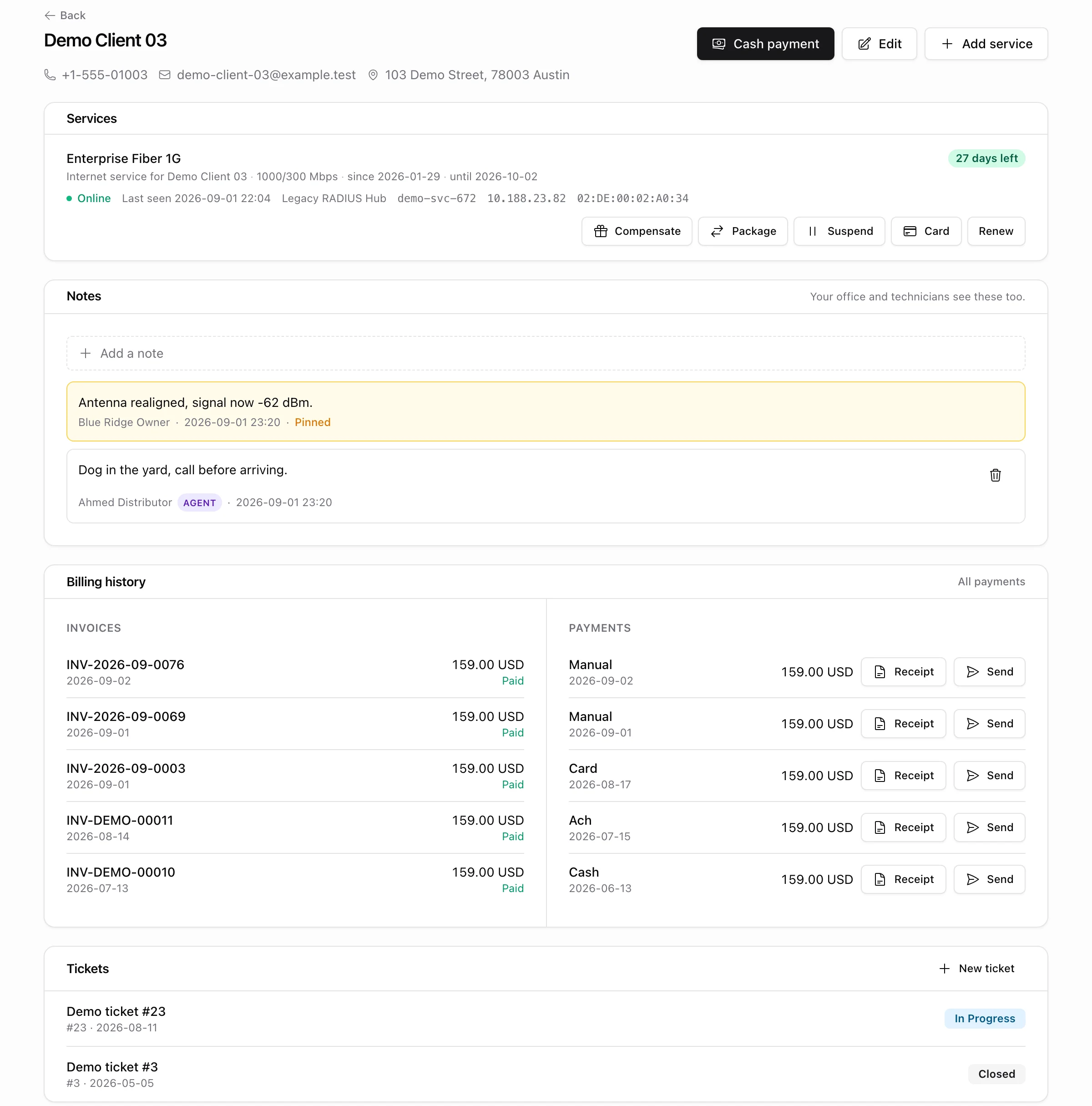 Agent customer page: contact chips, the service card with speed, dates, live link line and action buttons, shared notes, and the billing history card